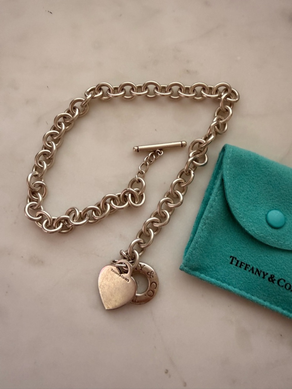 Vintage Tiffany & Co. Sterling Silver Heart Charm Toggle Necklace with Pouch - Picture 5 of 7